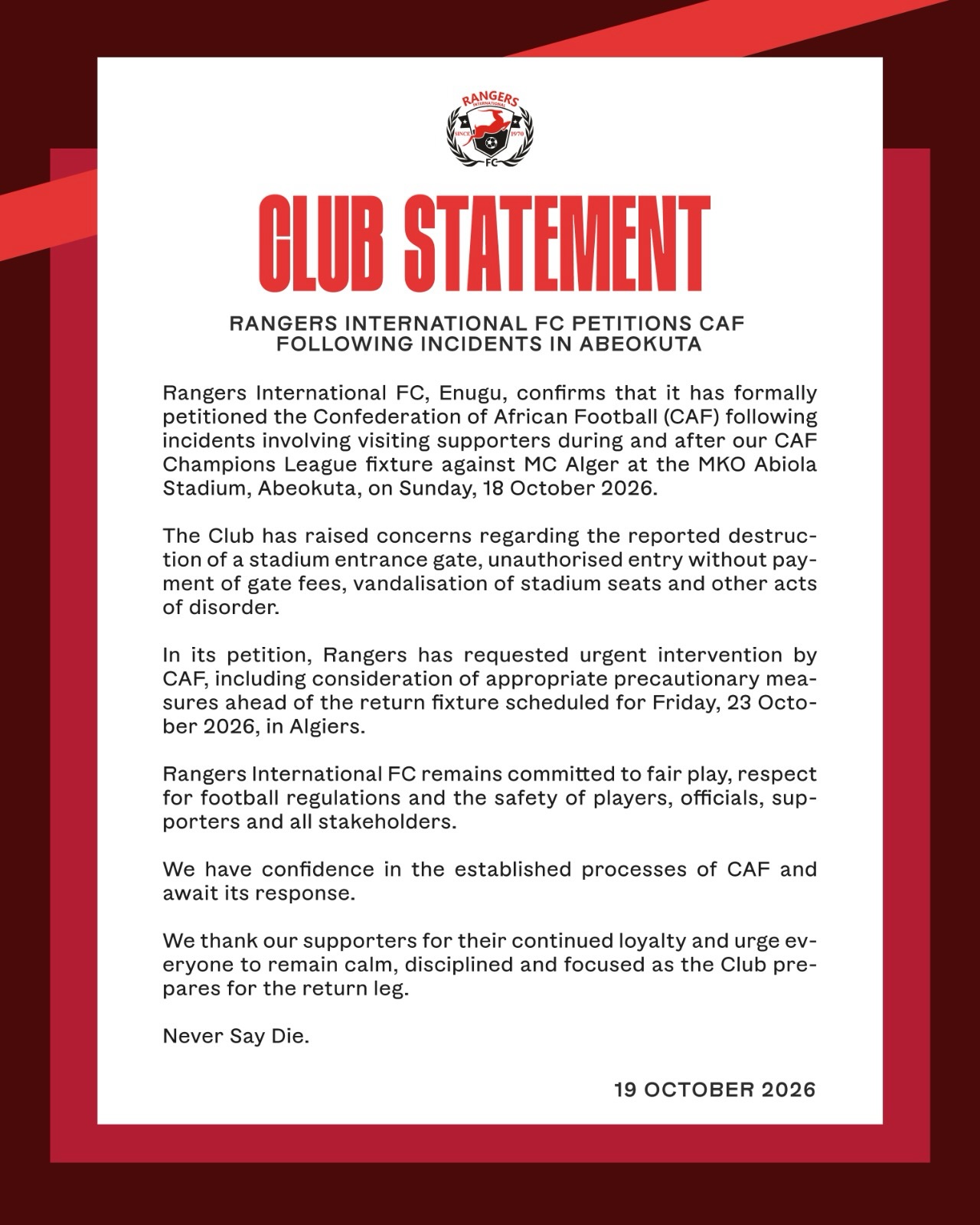 Rangers' lodges complaint with Caf over alleged Mc Alger fan violence